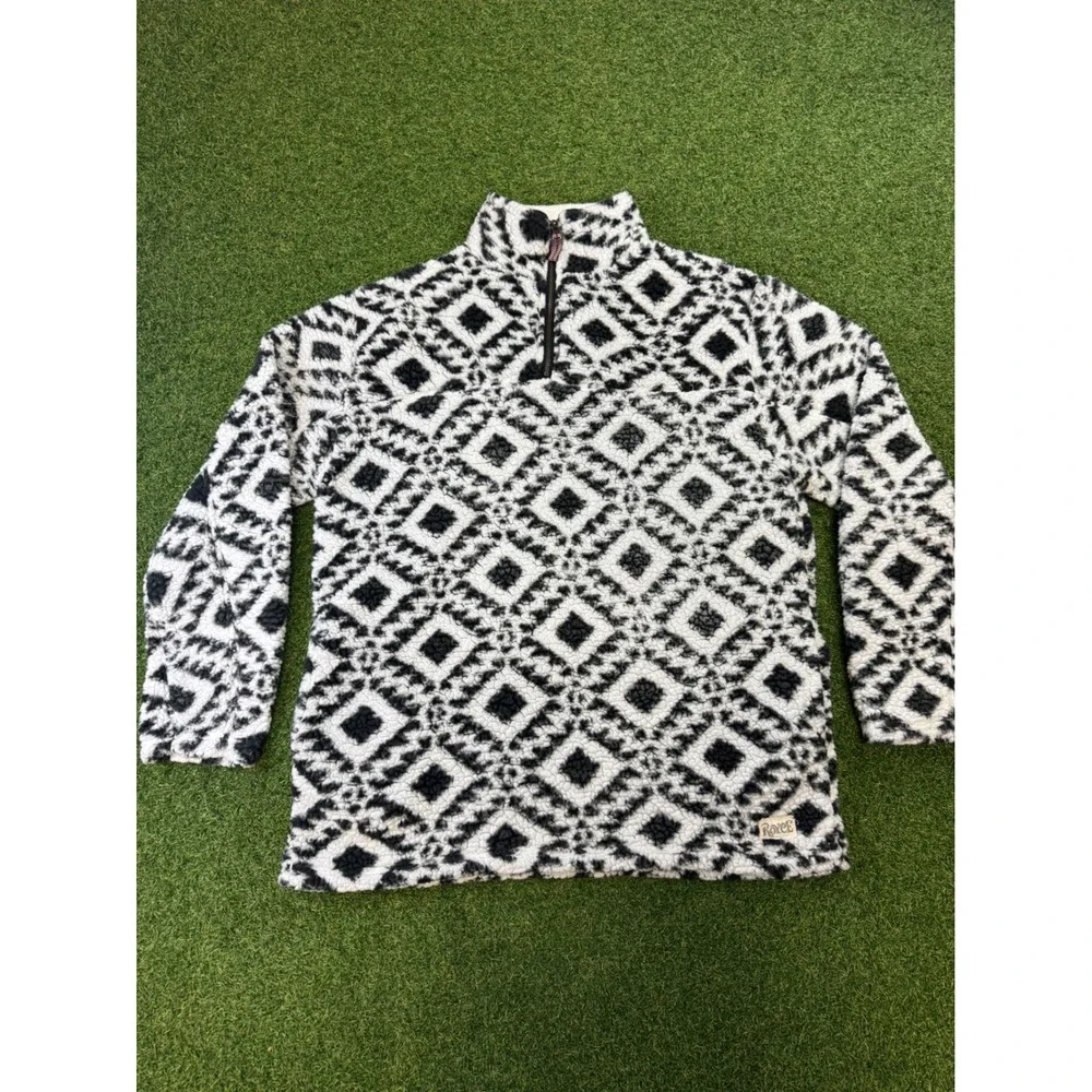 Royce Faux Fur Fleece Pullover XL Black White Geometric Quarter Zip‎ Mock Neck
